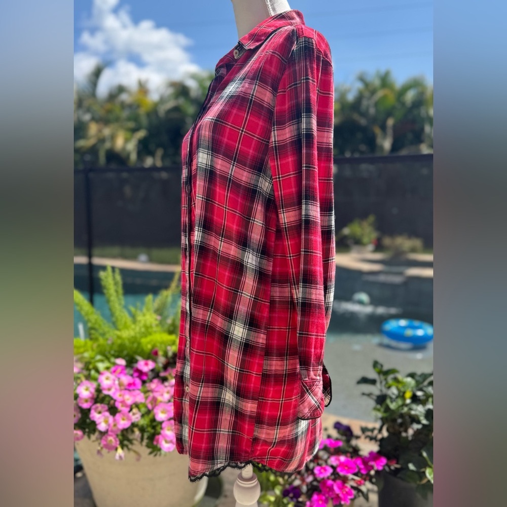 VS Red lace and Plaid Button-Up Shirt Pajama Dress